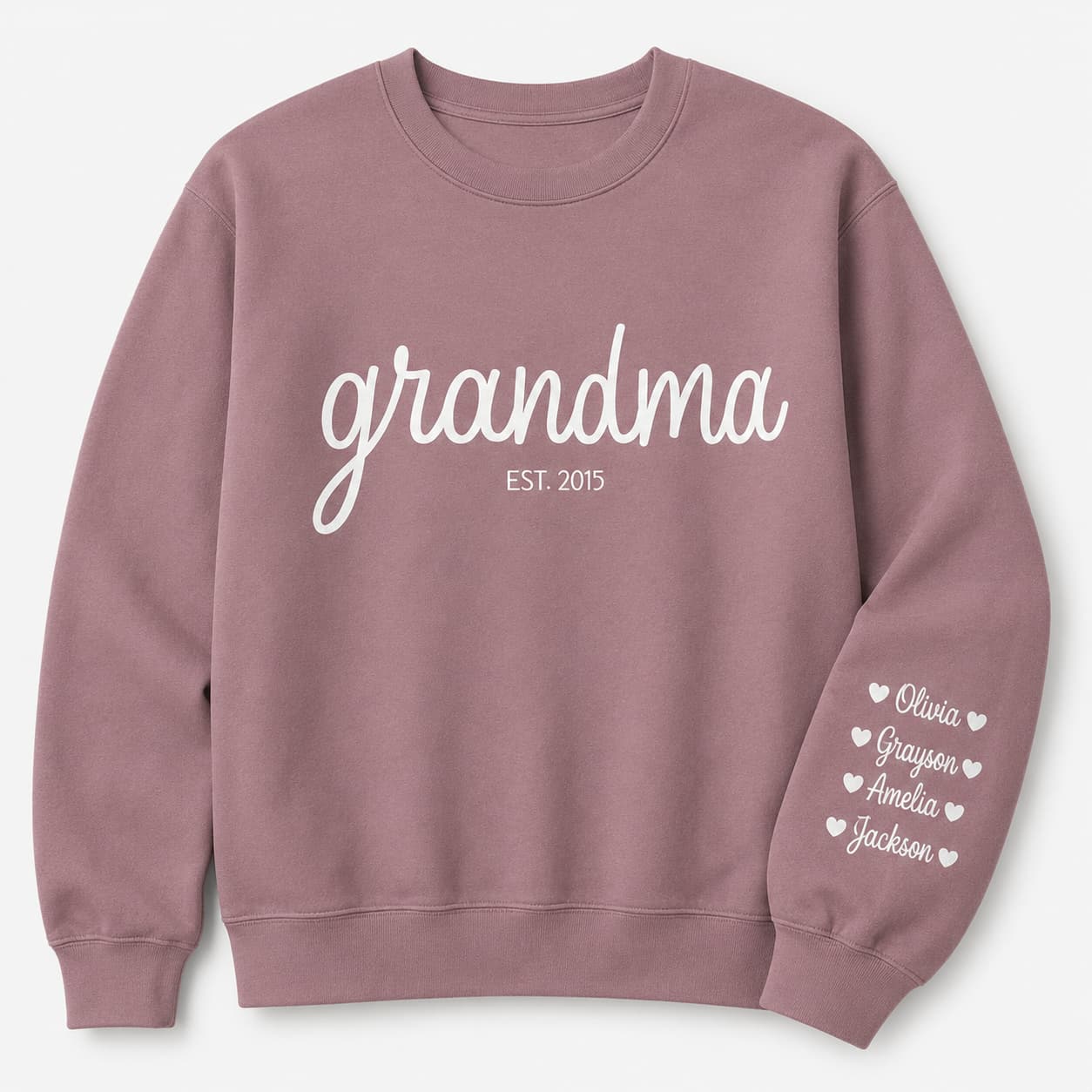 Dusty-rose crewneck reading grandma est. 2015 with grandkids' names down the sleeve